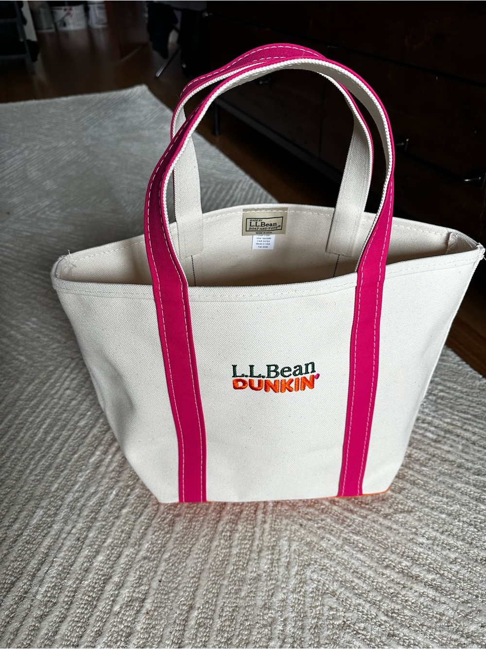 L.L.Bean Canvas Tote in Cream with Bright Pink Handles